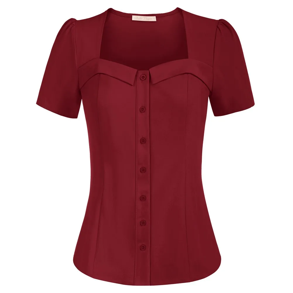 

Belle Poque Women Sweetheart Neck Shirt Short Sleeve Curved Hem Button Placket Top Slim Retro Blouse Summer Lady Clothes New