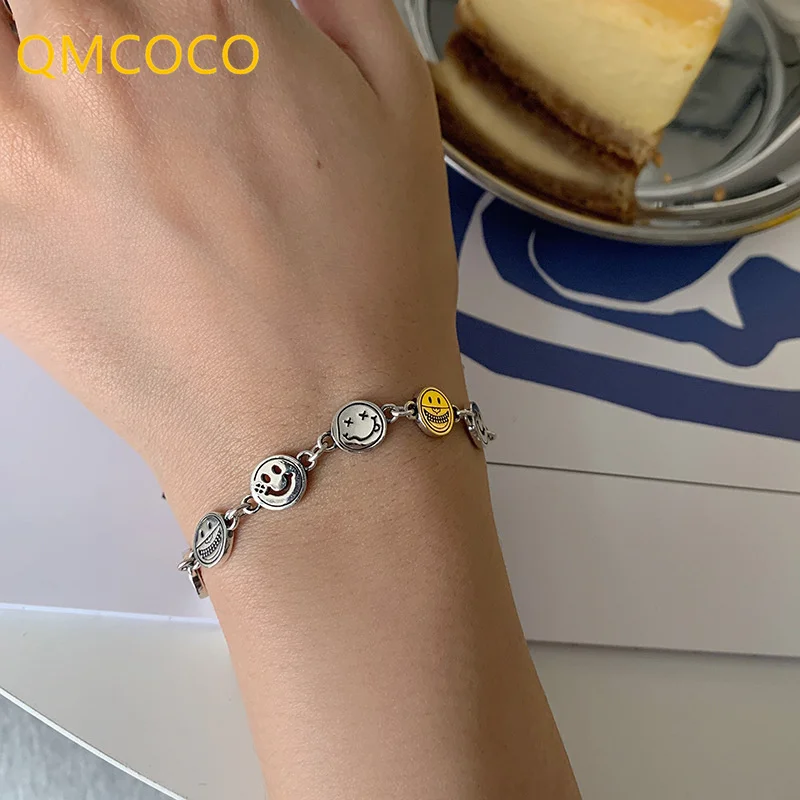 

QMCOCO Silver Color Punk Chain Brcacelet For Women Trendy Creative Personality Design Funny Smiley Face For Party Jewelry Gift