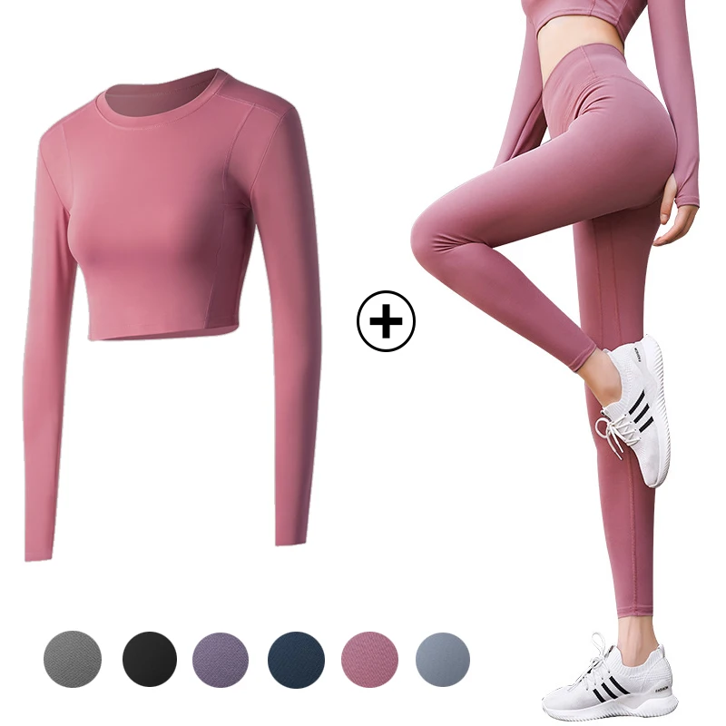 

Women Yoga Suit Long Sleeve Crop Top Seamless T-Shirt Pants Set Sports Fitness Leggings Running Riding Dancing Tights Trousers