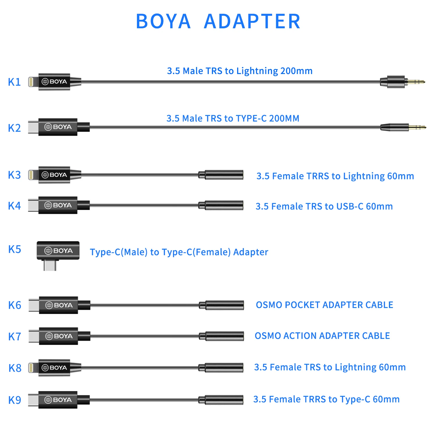 BOYA BY-K1-K9 Professional Extension Microphone Audio Adapter Cable for Wireless Microphone iPhone Xiaomi DJI OSMO™ ACTION DSLR