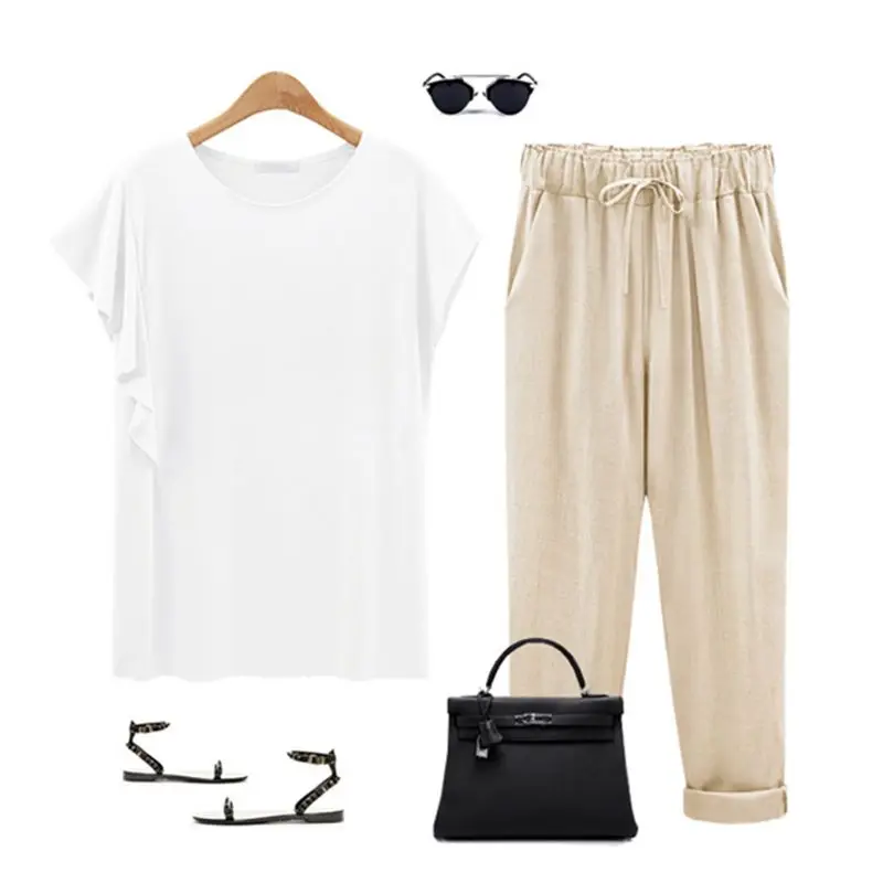 Женские укороченные брюки до щиколотки с манжетами больших размеров однотонные