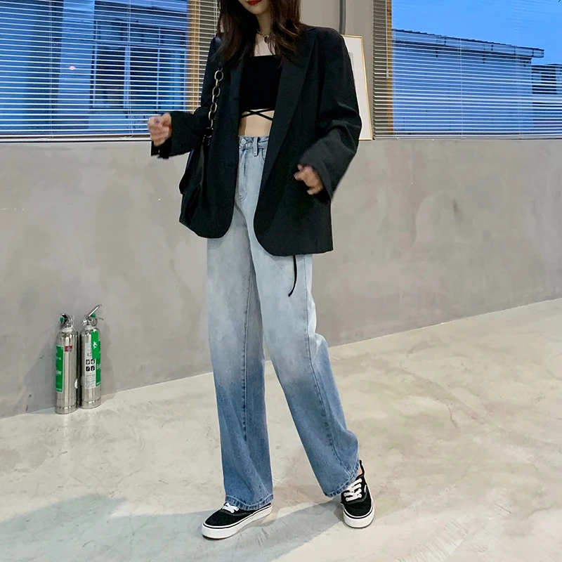 

Yeeloca Fashion Change Color Straight Jeans Women's Spring High Waist New Loose Trousers Casual Wide Leg Denim Pants