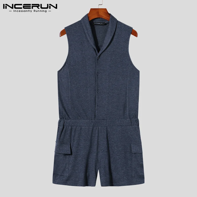 INCERUN Comfortable Homewear New Men's Onesies Casual Comfortable Solid Color Rompers Breathable Sleeveless Jumpsuit S-5XL 2023