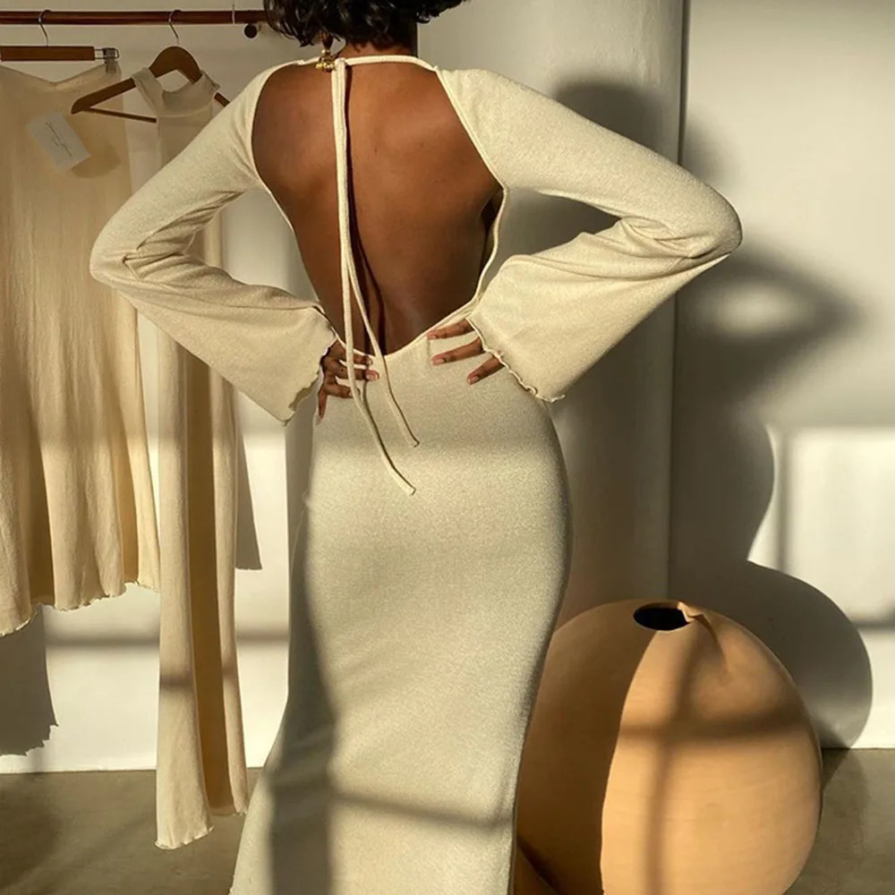 

Europe America Women's Autumn 2021 New Solid Color Fashion Dress Sexy Backless Long Sleeve Round Neck Casual Simplicity