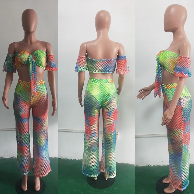 

2020 Two Piece Set Top and Pants Summer Women Hollow out Mesh Beach 2 Piece Crop Top Set Club Party Sexy Two Piece Women Outfits