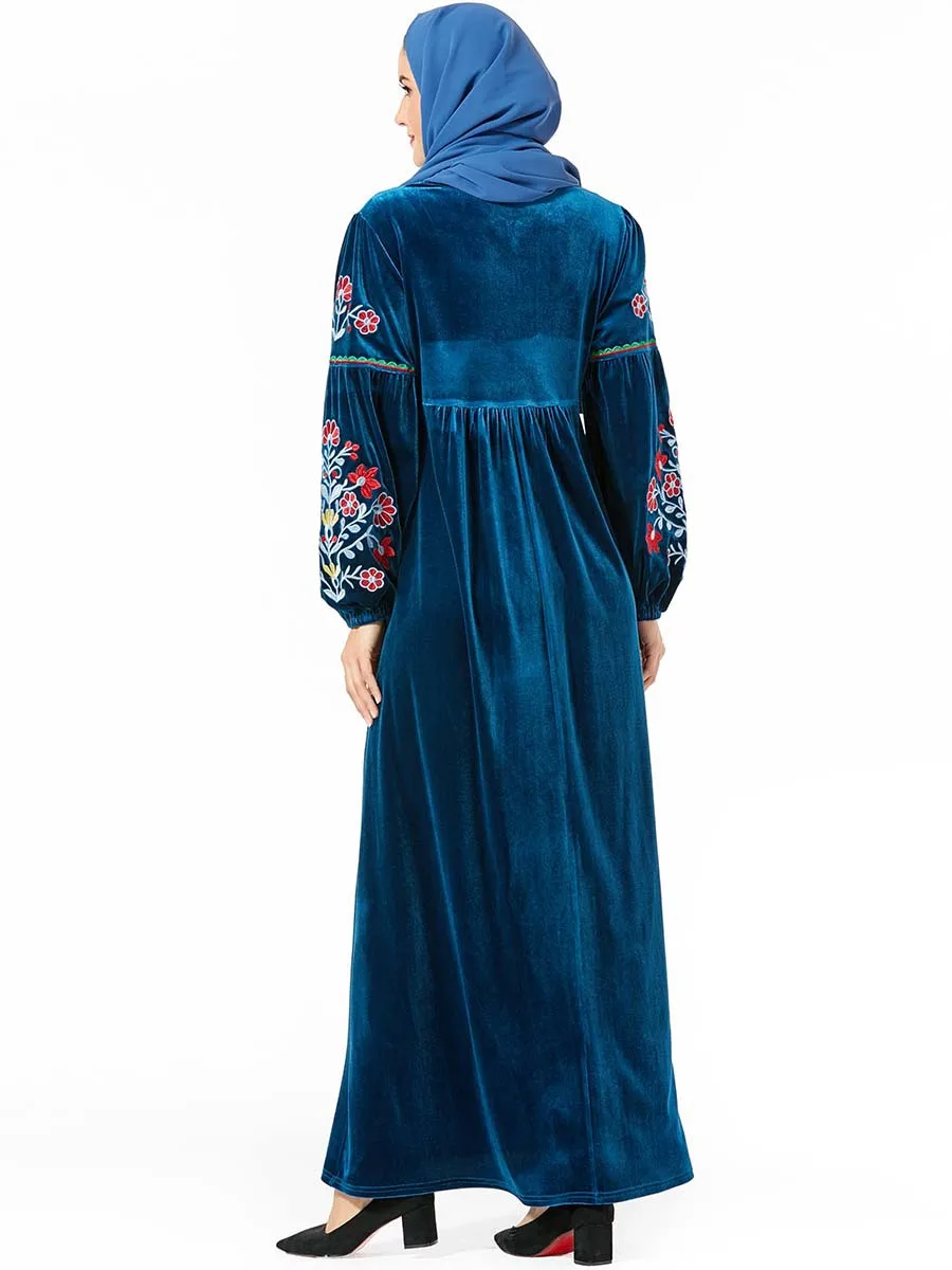 

Velvet Abaya Dubai Turkish Dresses Long Sleeve Hijab Muslim Dress Islamic Clothing Abayas For Women Caftan Dark Blue Robe DR-228