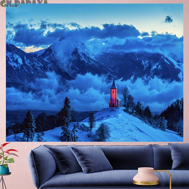

Snowy forest tapestry Wall Hanging blue mountain farmhouse decor 3d goblen landscape wall art Polyester large forest tapestry