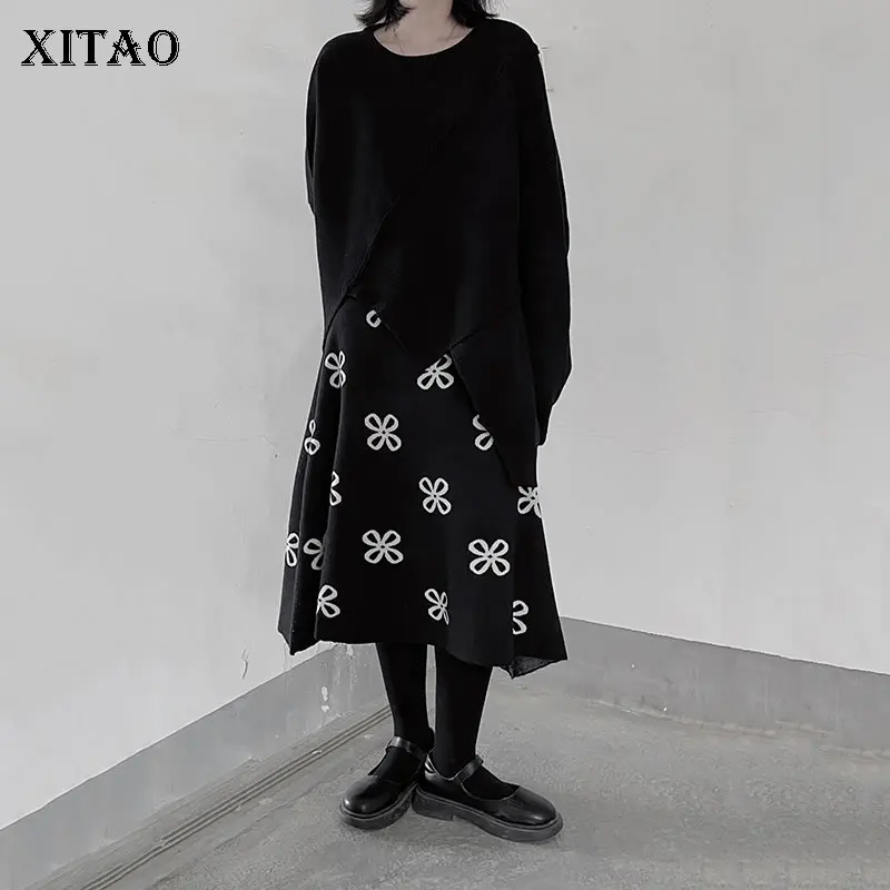 

XITAO трикотажная юбка трапециевидной формы, винтажный цветочный узор, черный цвет, модная повседневная темпераментная универсальная одежда,...