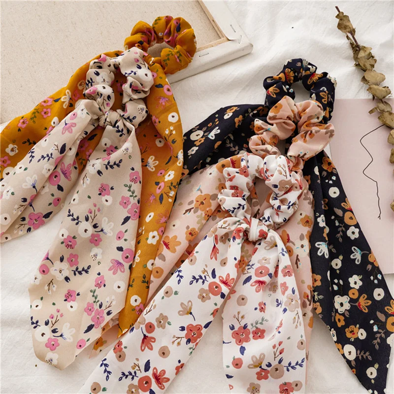 

Ponytail Scarf Elastic Hair Band Ribbons Rope Women Hair Bow Ties Scrunchies Hair Ring Accessories Flower Print Hairbands Hot