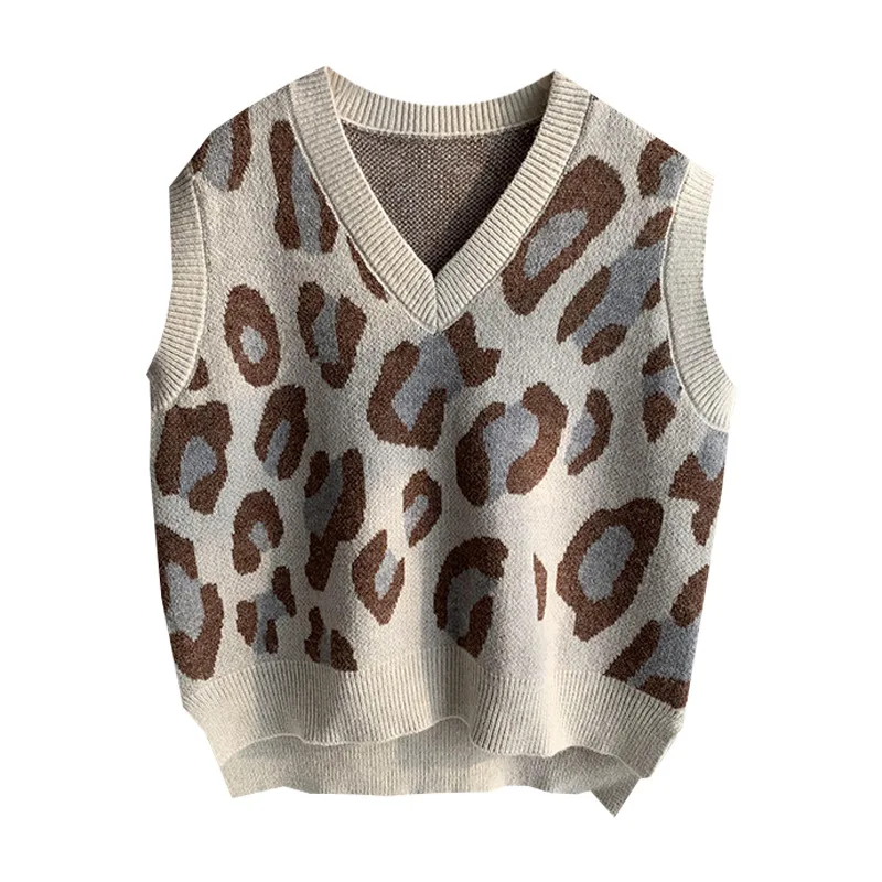 

2020 Autumn Winter Leopard V-neck Sleeveless Vest Women's Knitted Loose Short Casual Vest 9991