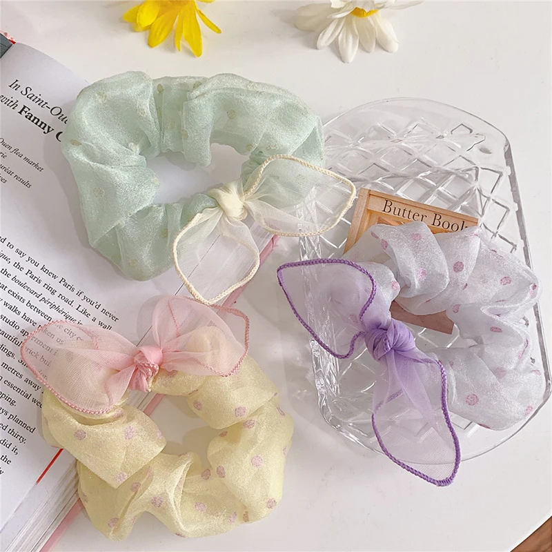 

Sweet Printing Dot Mesh Scrunchies Women Romantic Pink Hair Rope Transparent Tulle Organza Hair Tie Hair Accessories Lace Bowtie