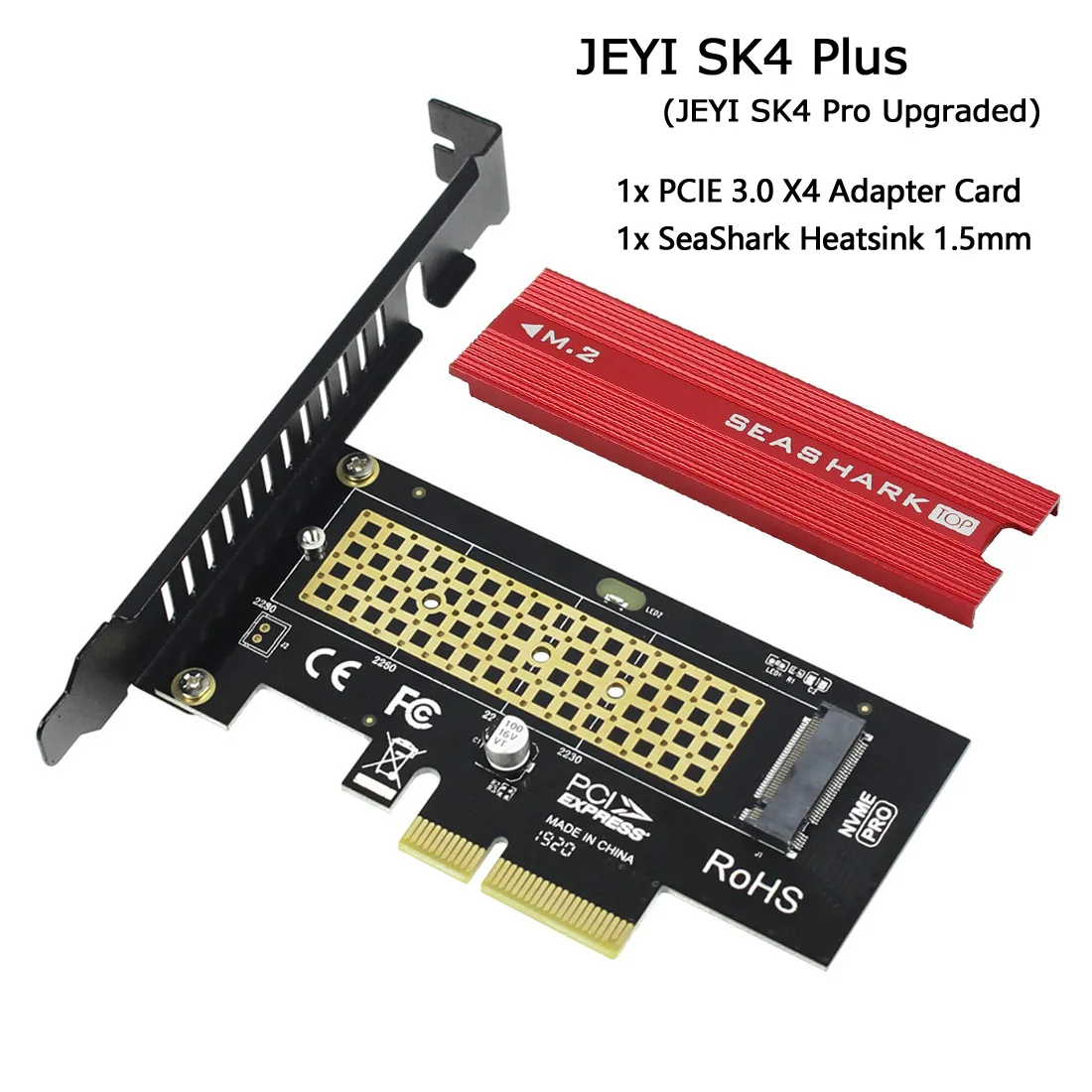Фото Адаптер JEYI SK4 Plus M.2 NVMe SSD на PCIE 3 0 X4 карта M ключ для 2230 2242 2260 2280 PCI e X8 X16 теплоотвод