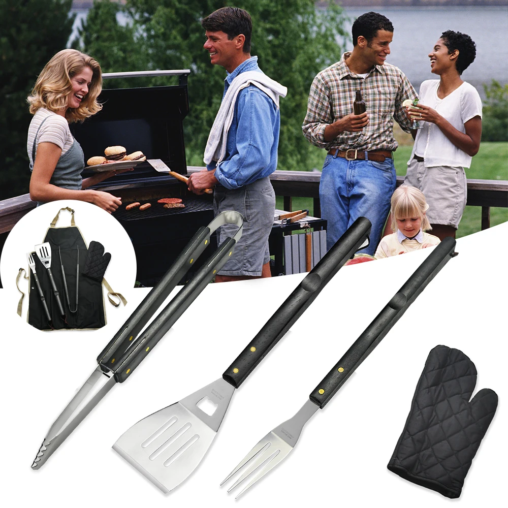 

5pcs/Set Outdoor Barbecue Utensils BBQ Grilling Apron Glove Stainless Steel Fork Shovel Clip Barbecue Grill Tools For BBQ