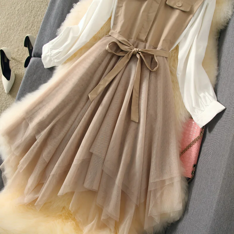 Консервативный стиль осеннее винтажное женское платье с длинным рукавом из лоскутной сетки ТРАПЕЦИЕВИДНОЕ тонкое платье офисное женское платье для работы Весна
