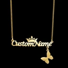 Индивидуальное ожерелье с именем из нержавеющей стали с короной и бабочкой, персонализированная подвеска с буквами для женщин и мужчин, модная новинка, Подарочная бижутерия