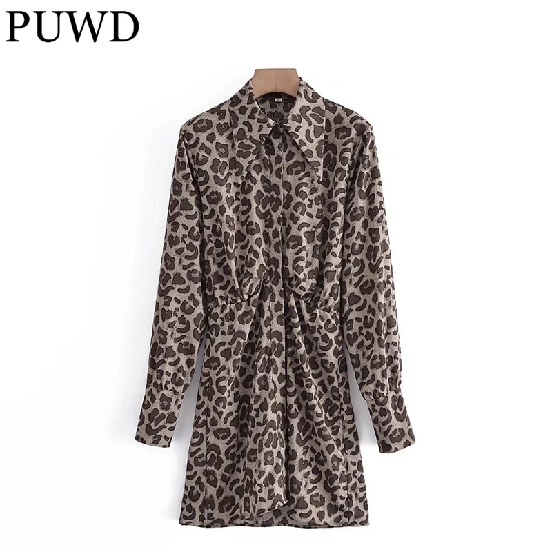 

PUWD Leopard Women Mini Dress Long Sleeve Turn-down Collar Folds Ladies Vintage Dresses 2021 Autumn Fashion Female Chic Dress