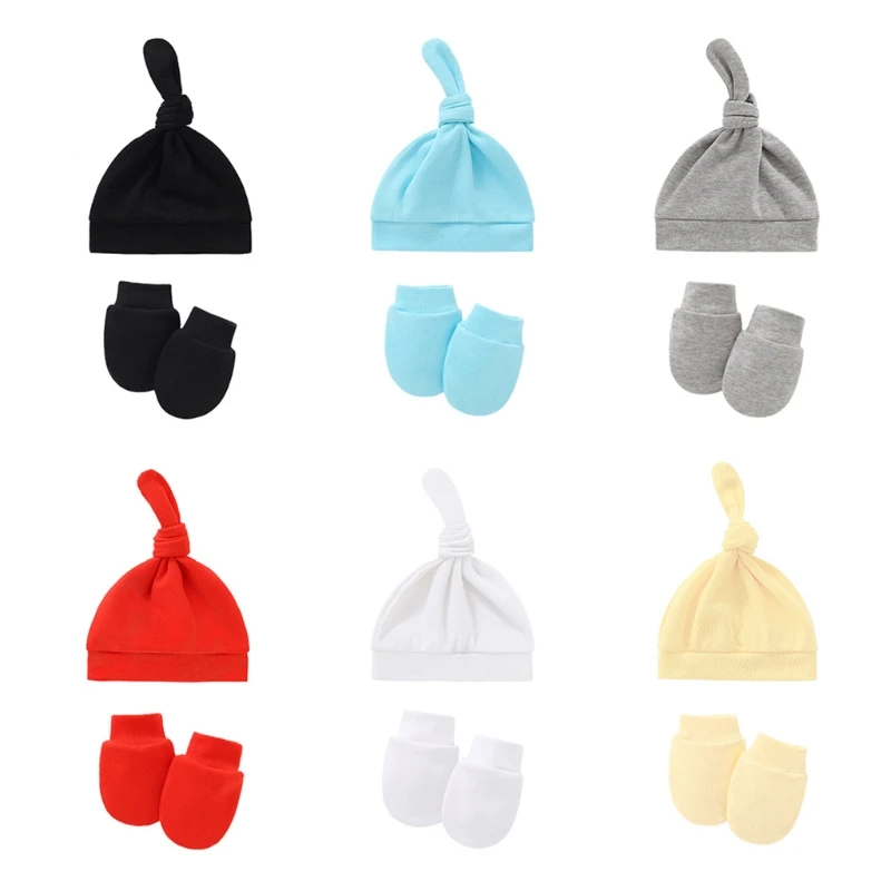 

Baby Anti-scratching Gloves Knotted Hat Set Newborn Mittens Warm Beanie Kit Infants Shower Gifts