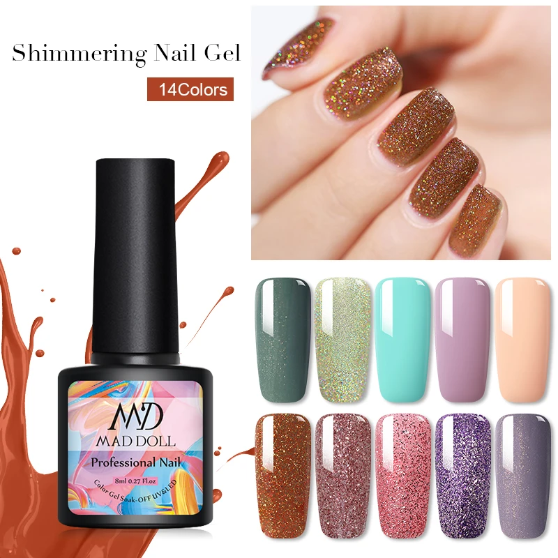 MAD DOLL 8 мл гель для ногтей с блестками блестящий УФ отмачиваемый Гель лак дизайна