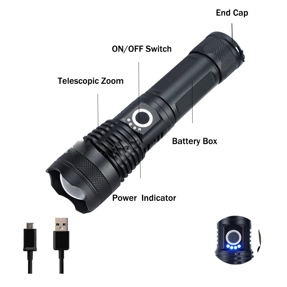 USB Перезаряжаемый фонарик супер яркий Телескопический масштабируемый