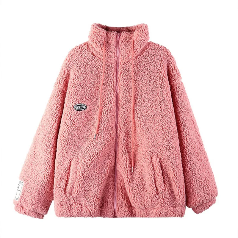 

Lamb Plush Jacket Women Winter Plus Cotton Thick Drawstring All-Match Loose Stand-Up Collar Oversize Japanese Baseball Uniform