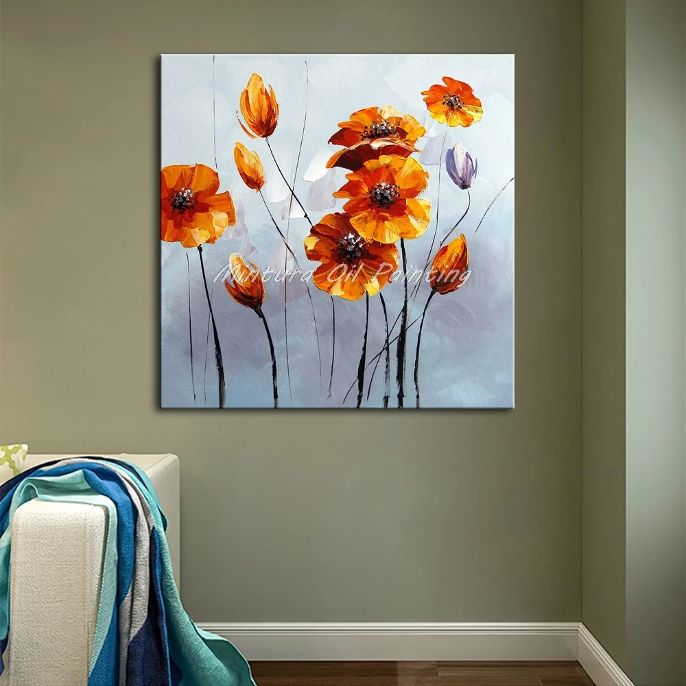 Минтура ручная роспись оранжевые желтые цветы картина маслом на холсте
