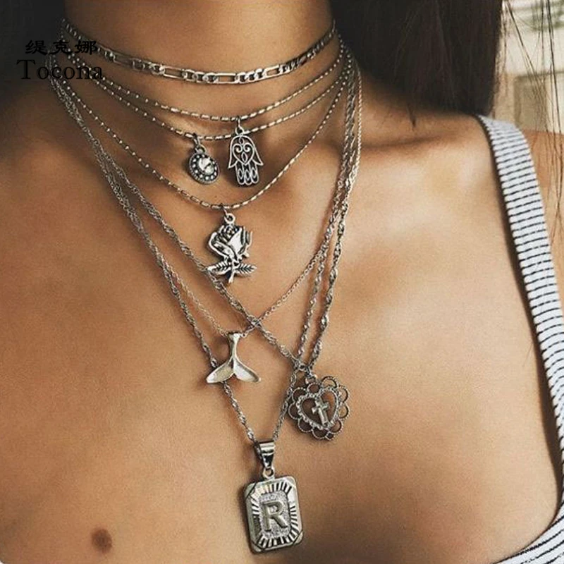 Tocona панк многослойный кулон из розового креста ожерелье для женщин сердце рука