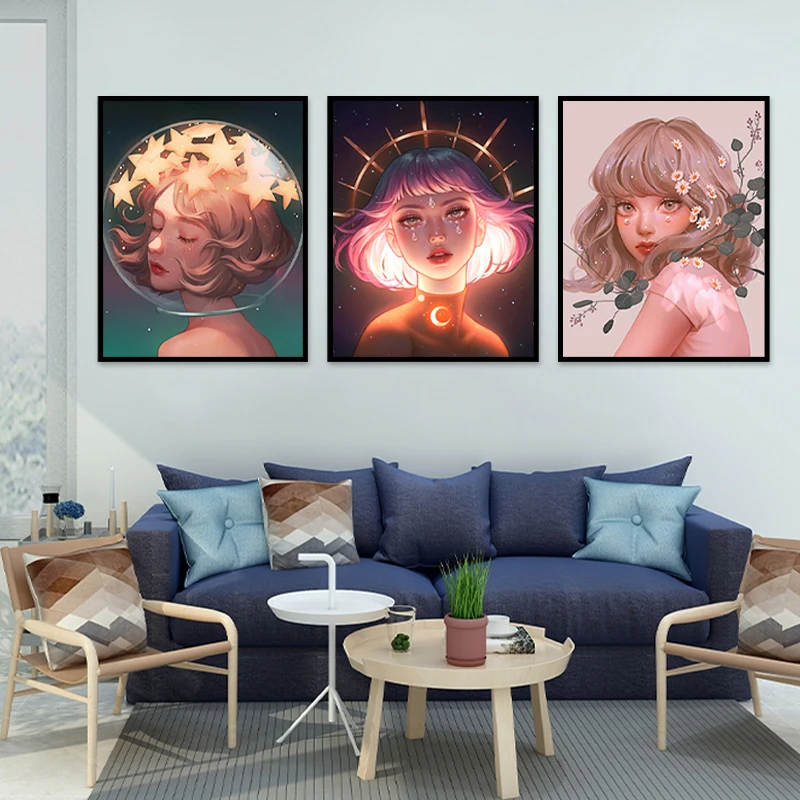 Аниме плакаты Солнце Луна Туманность девушка персонаж иллюстрация плакат холст