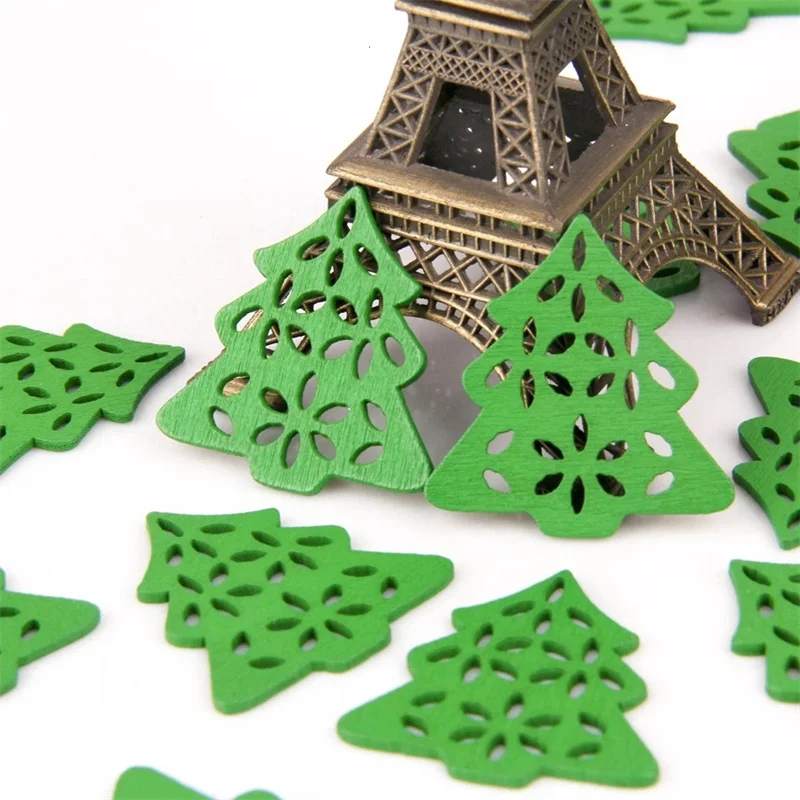 

50PCS 35mm Green Wooden Xmas Tree Flat Back Buttons Buttons For DIY Crafts Christmas Decoration Wholesale