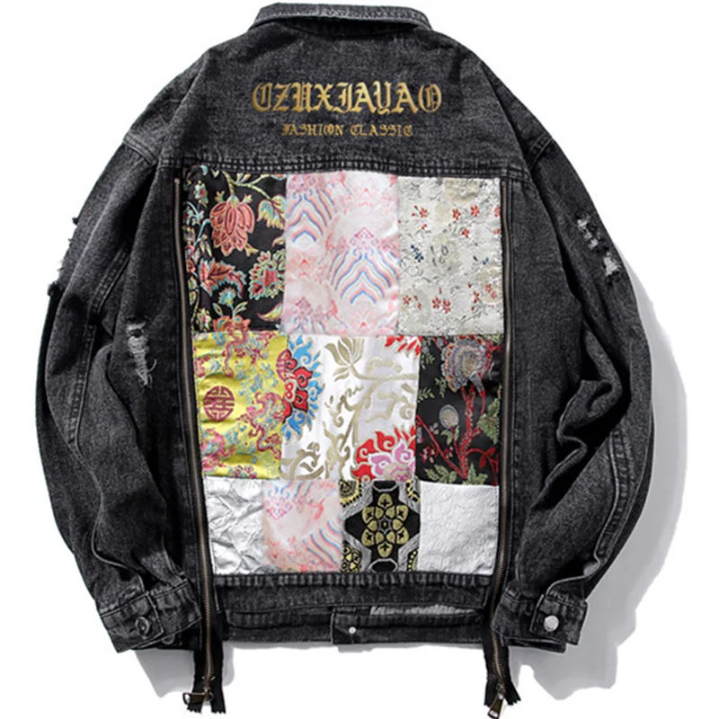 

Streetwear Denim Jacket Men Women Unisex Vintage Pattern Hole Side Zipper Hip Hop Harajuku Korean Japan Style Rock Jeans Jacket
