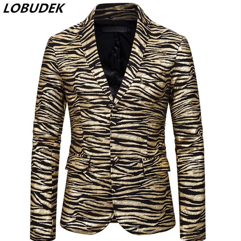 

Men's Striped Blazer Gold Silver Zebra Pattern Printing Slim Fit Blazers Two Button Casual Coat Singer Host Performance Coats