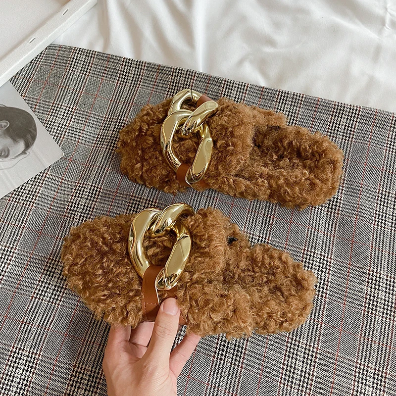 

2021 New Women Slippers Furry Fur Slides Home Flip Flops Ladies Winter Warm Metal Mules Shoes Female Outside Slippers For Women