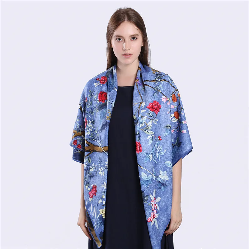 2020 Новый женский Шелковый большой квадратный шарф с принтом цветов и птиц 130 см