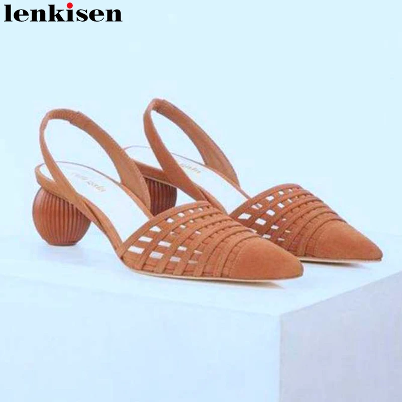 

Lenkisen gladiator superstar convenient cozy pointed toe hollow breathable med strange heels beauty lady elastic band pumps L42