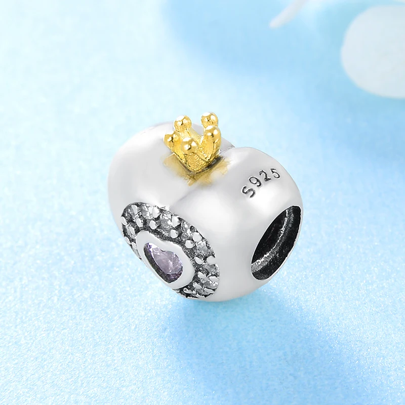 925 Sterling Silver Golden Crown Pink Zircon Heart Shaped DIY Sweet Beads Fit Original European Charm Bracelet Jewelry making | Украшения и