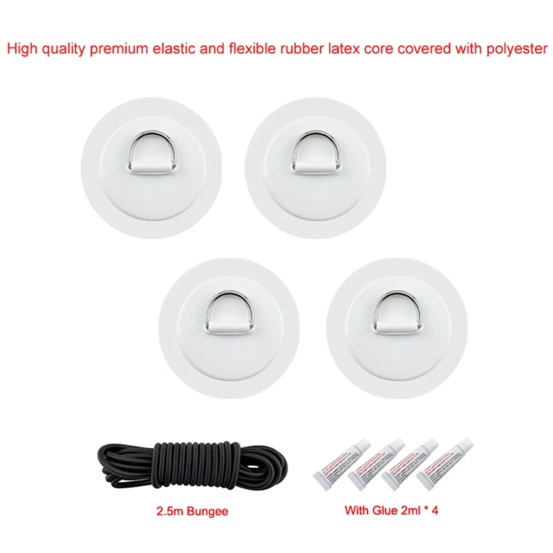 

4pcs D-Ring PVC Patch with Glue and 2.5m Bungee Kit for Inflatable Boat Canoe Deck Kayak Accessories