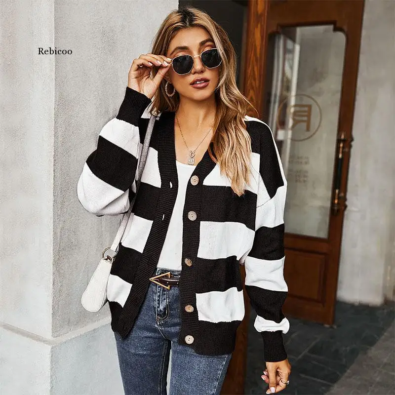 

Knitting Coats Female Autumn Spring Jackets Stripe Women Clothing Casual Outwear Single Breasted Lady Street Wear