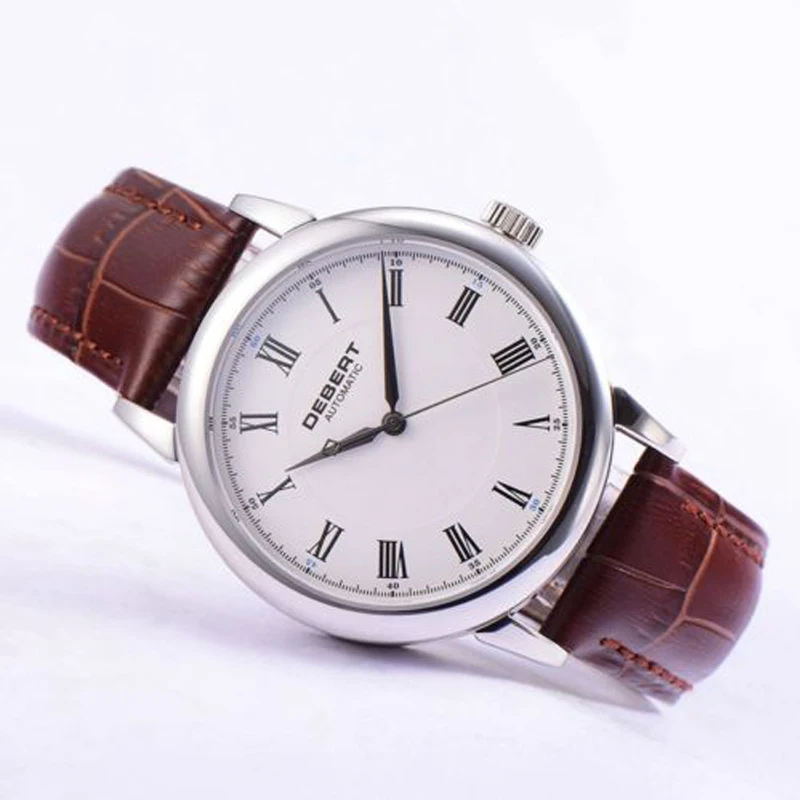 Мужские механические часы Debert 40 мм с белым циферблатом и сапфировым ремешком