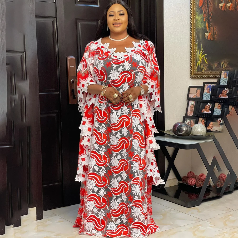 

2021 New African Guipure Lace Dresses For Women Ankara Dashiki Embroidery Maxi Robe Wedding Party Kaftan Abaya Plus Size Bubu