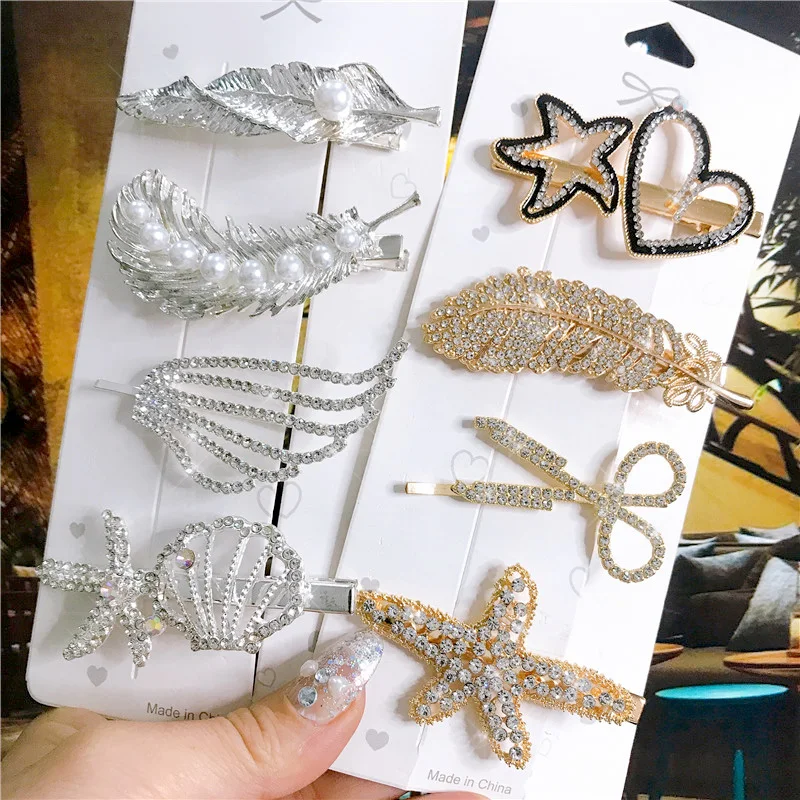 

4PCS Hair Accessories for Women Gold Silver Hair Clips Set Vintage Feather Starfish Crystal Pearls Hairpin Fashion Headwear 2021