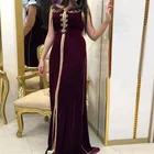 Цвет красного вина велюр мусульманские Вечерние платья с элегантными короткими рукавами Кружева Аппликация Жемчуг Кафтан Исламская Дубай платье для выпускного бала