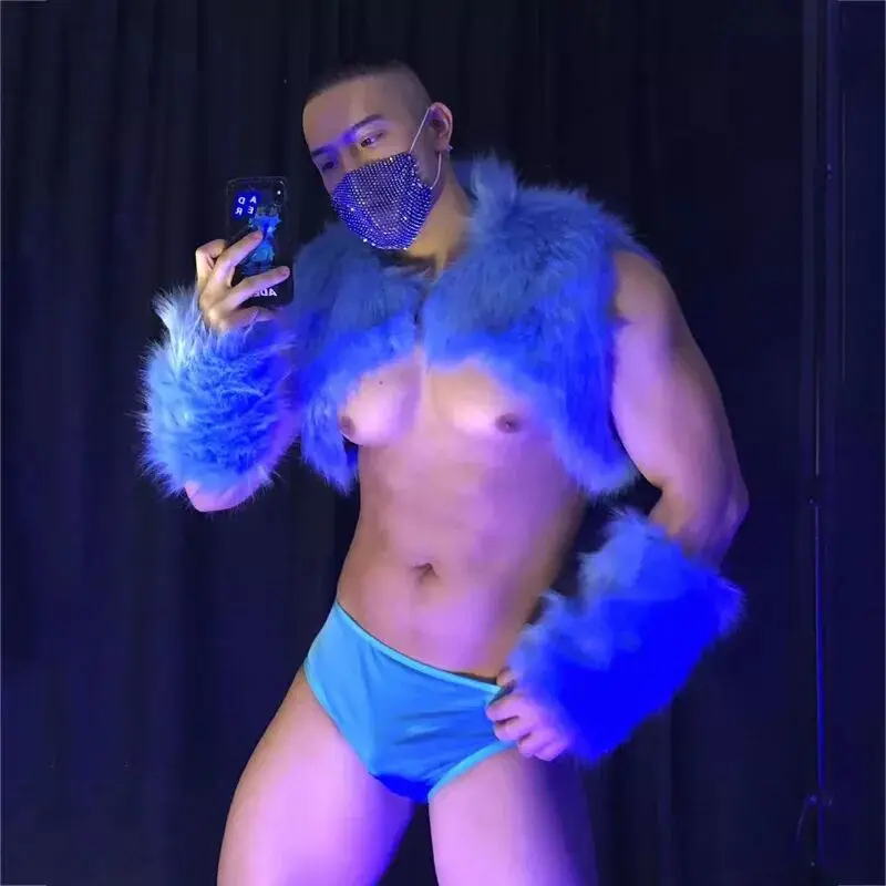 Сексуальный костюм DJ Gogo для клувечерние сценическая одежда синяя меховая шаль