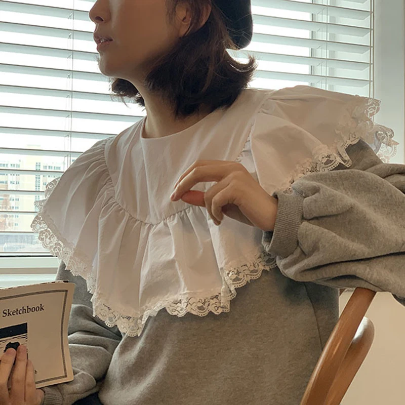 

Kimotimo Design Hoodies Women Korean Chic Loose Lace Peter Pan Collar Patchwork Sweatshirts Autumn Casual Long Sleeve Hoodie