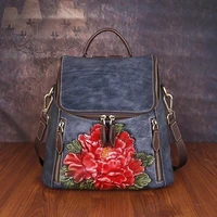 high quality luxury backpack genuine leather women bag retro relief floral school bags for teenage girls female backpacks new