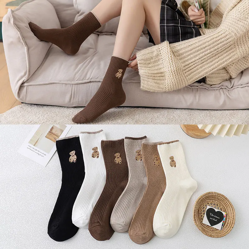

Socks Female Mid-tube Embroidery Bear Spring and Autumn Hose Cute Casual Solid Color Sports Pile Socks