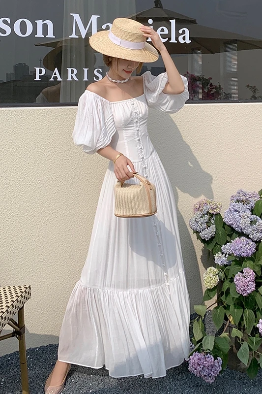 

COIGARSAM Women Dress Summer Beach Style Square Collar White Dresses Robe Traf