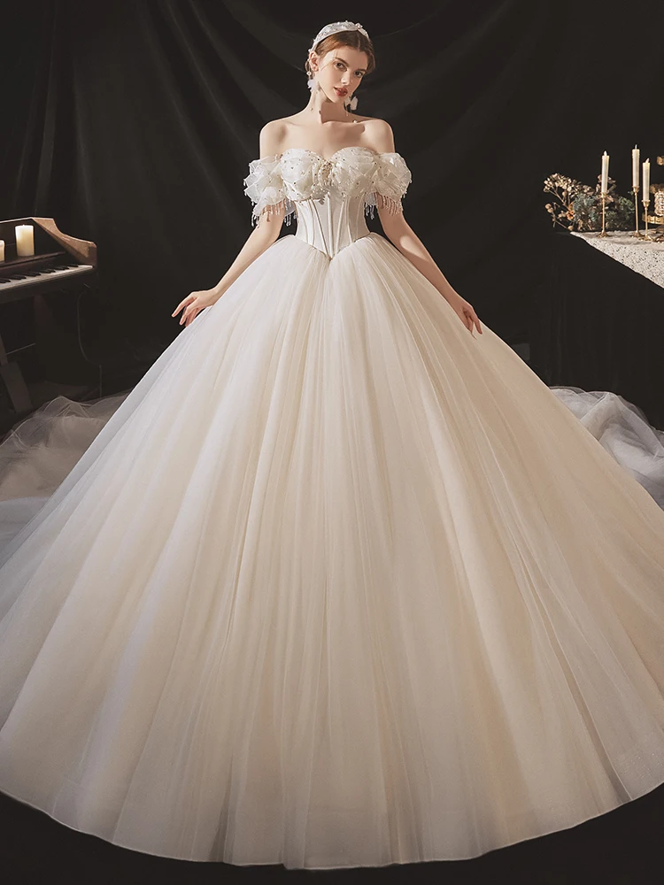 

Элегантное бальное платье без бретелек, с жемчугом, с открытыми плечами, свадебное платье, классическое Бандажное длинное платье с открытой...