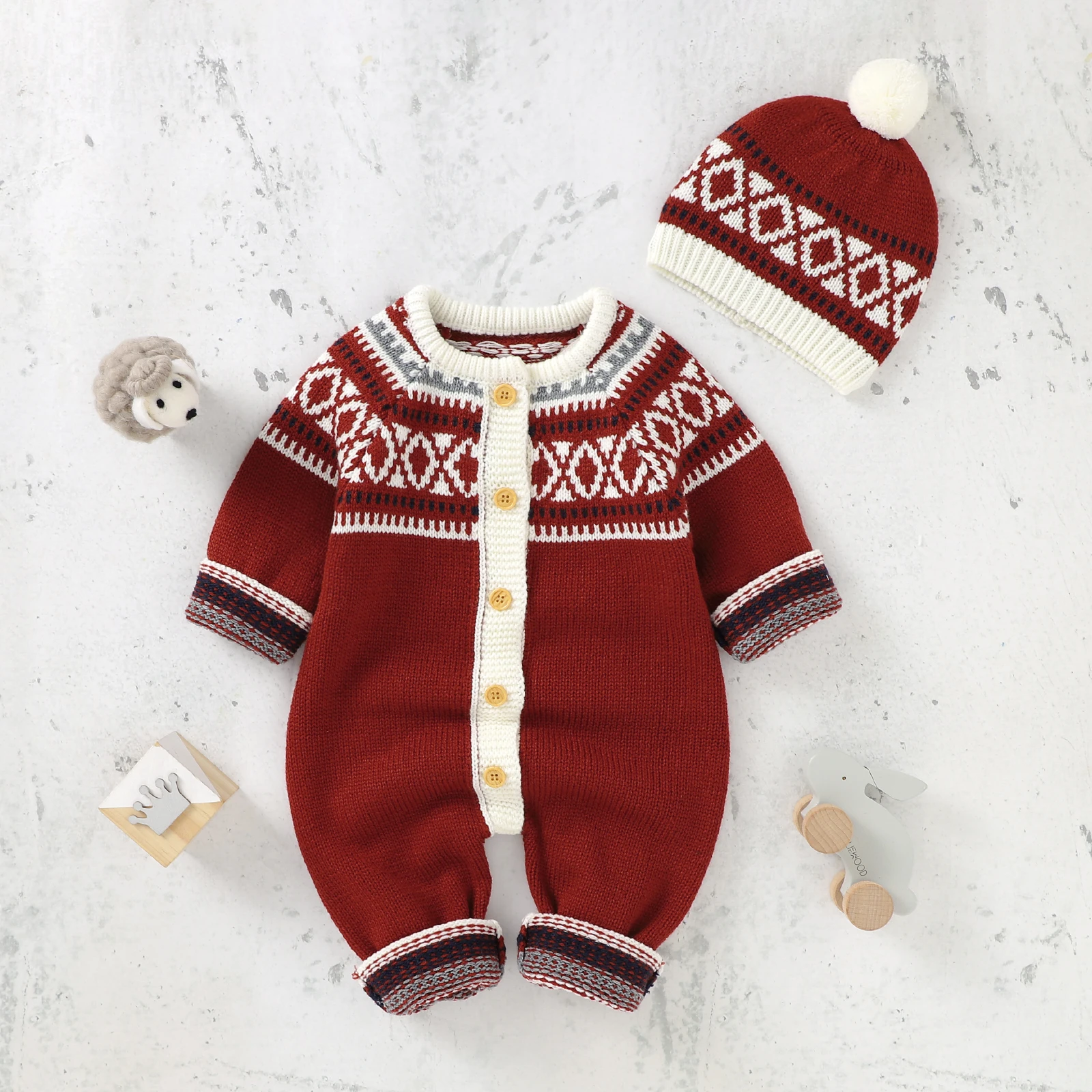 Baby Rompers Long Sleeve Infant Boys Girls Jumpsuits Caps Outfits Clothes Autumn Winter Knitted Newborn Toddler Sweaters Costume