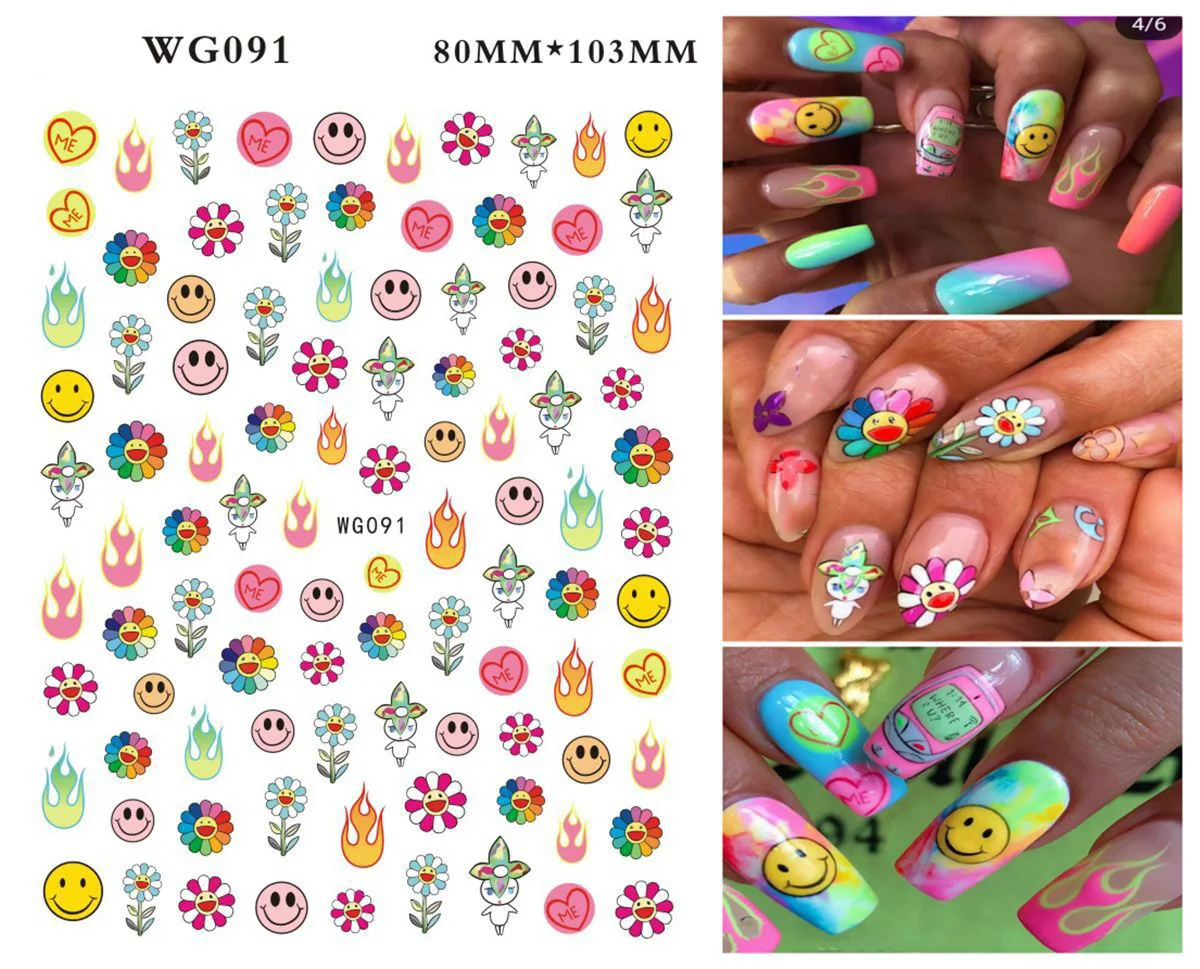 

Abstract Line Face Geometric Design Adhesive Nail Art Decorations DIY Sun Flowers Smiley Face Nail Decals