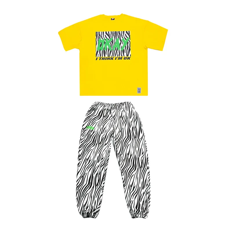 

Hip Hop Costumes Children Yellow Short Sleeve Zebra Striped Pants Boys Street Dance Clothes Stage Outfit Kids Modern Wear DN5702