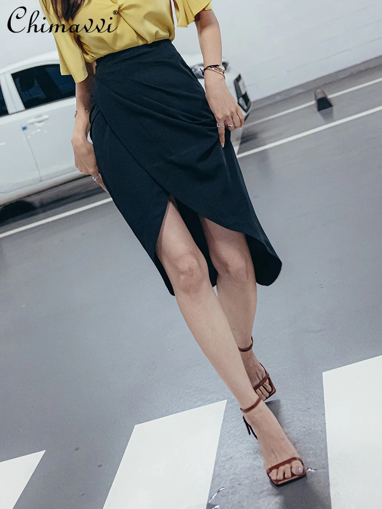 

Плиссированная черная облегающая юбка с асимметричным разрезом, женская летняя Привлекательная юбка с высокой талией 2021, женская белая мод...